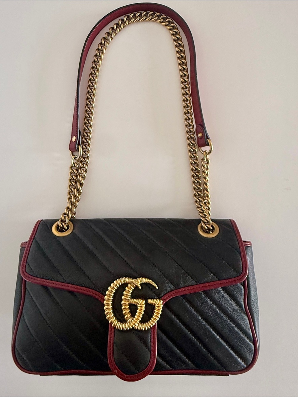 Gucci GG Marmont Medium Diagonal Black Bag Burgundy Trim Gold Hardware